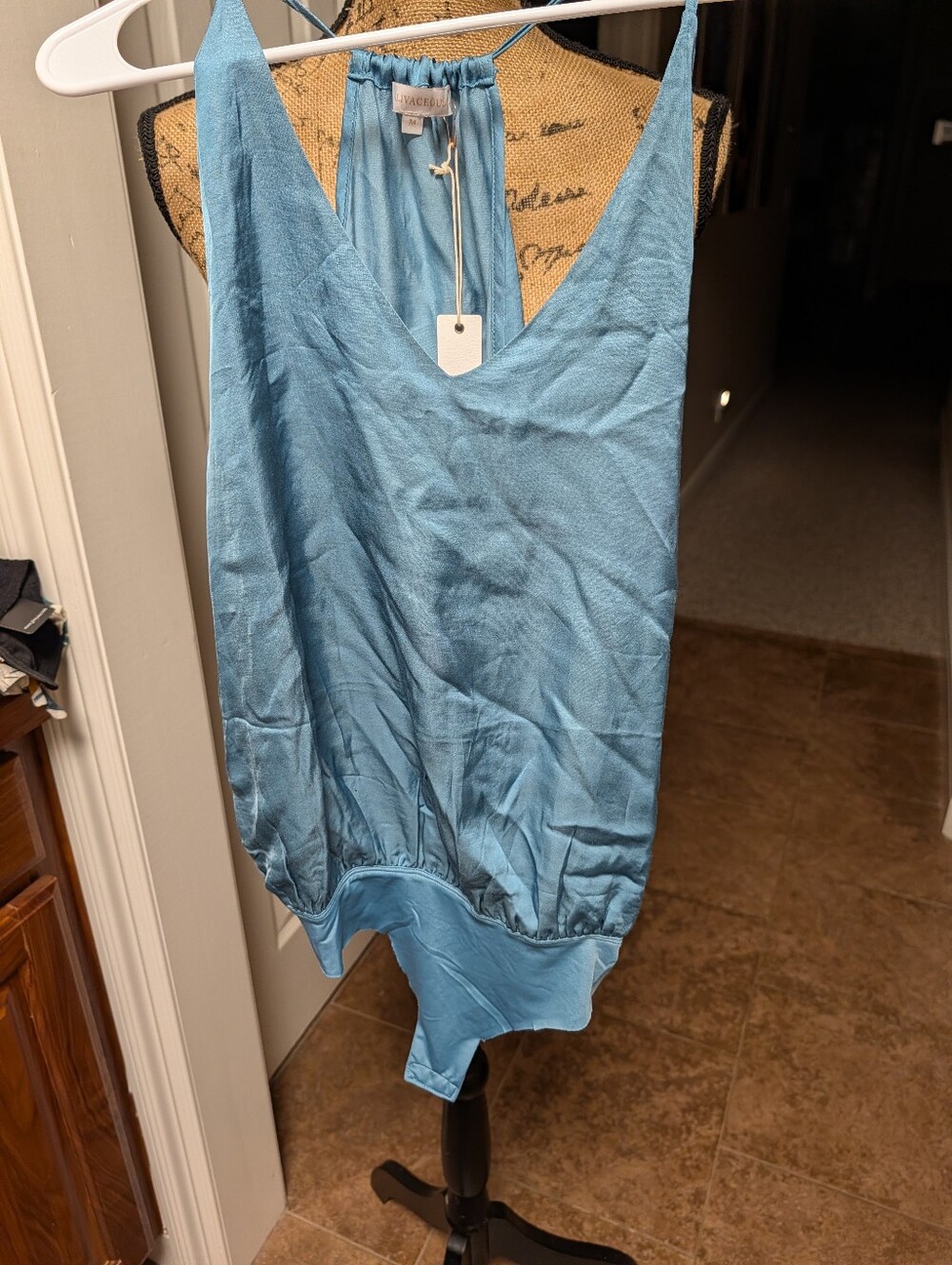 Olivaceous Light Blue Satin V-Neck Romper Bodysuit